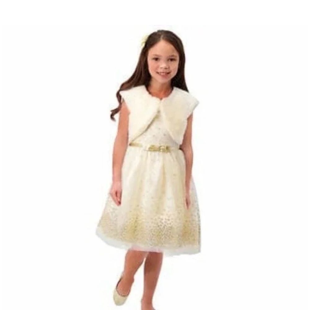NWT Jona Michelle Girls Ivory and Gold Party Dress with Bolero Size: 12